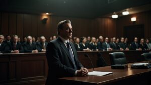 Leonardo Lightning XL A dark tense courtroom scene with a pros 3